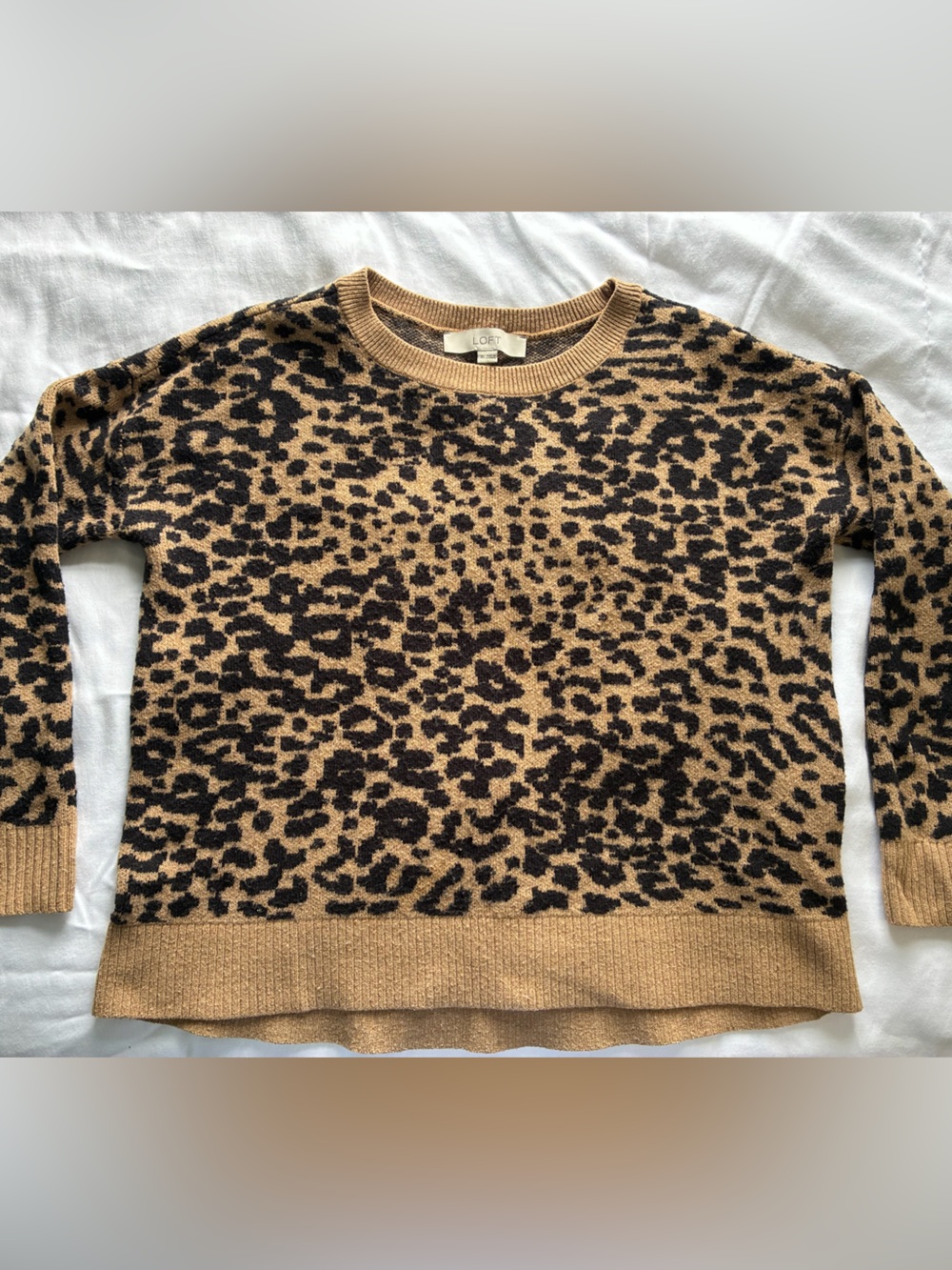 LOFT Camel and Black Leopard-Print Crewneck Sweater